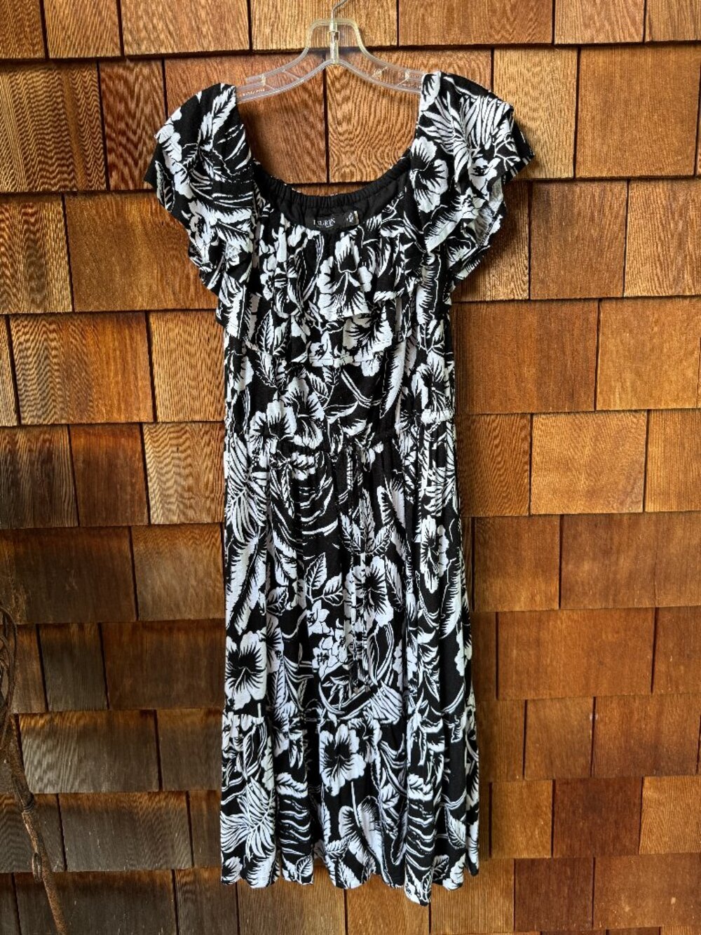 Ralph Lauren Black and White Tropical Print Fit & Flare Dress in Women's 8